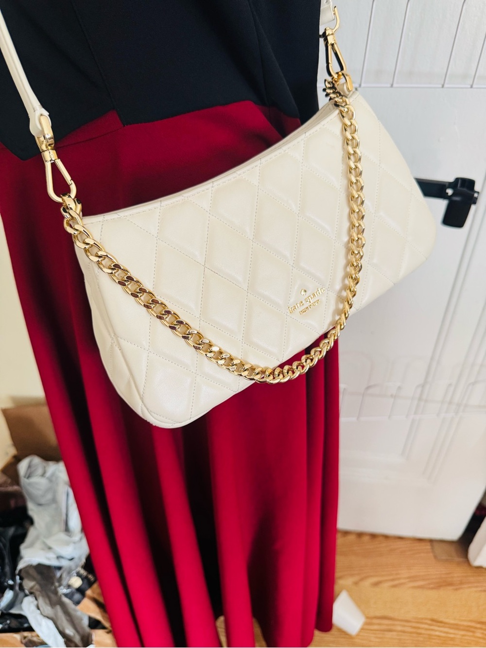 kate spade Cream Quilted Shoulder Bag with Gold Chain Strap